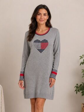 Tommy Hilfiger Embellished Heart Sweater Dress Size Large Gray Red Blue
